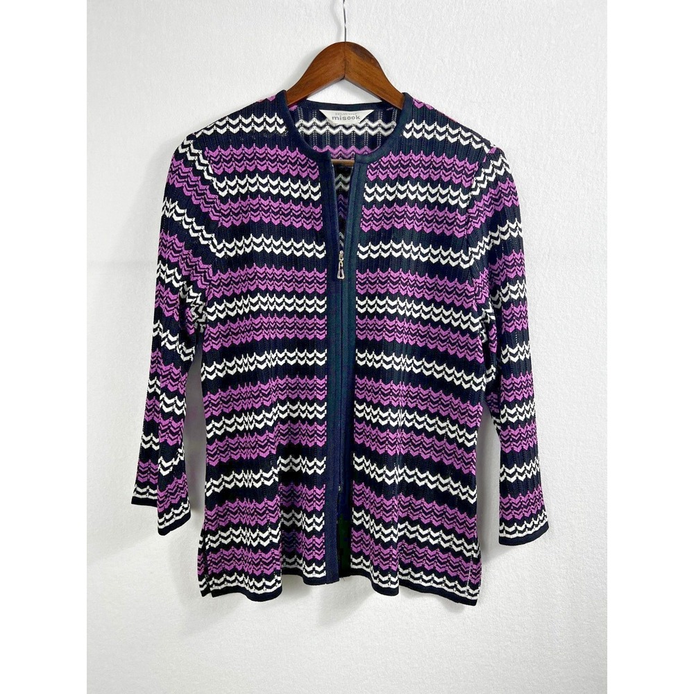 Misook Cardigan M Purple White Navy Chevron Zigzag Knit Full Zip 3/4 Sleeve